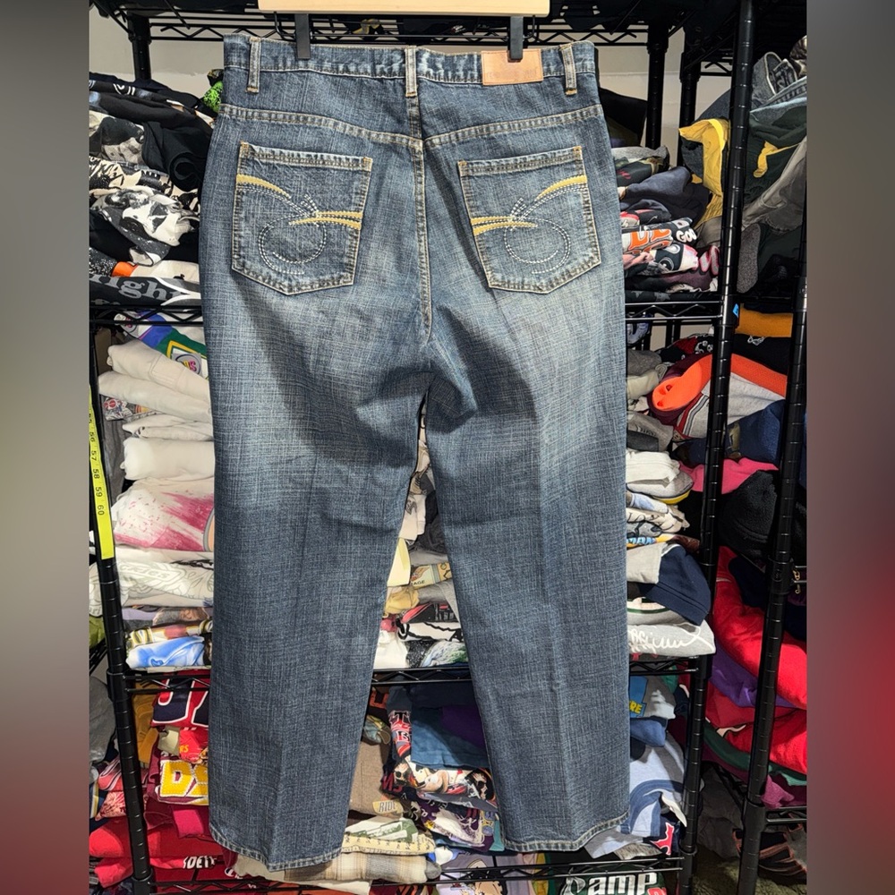 Y2K Eddie Domani Baggy Blue Jeans W/ Embroidered Pockets Size 36x32